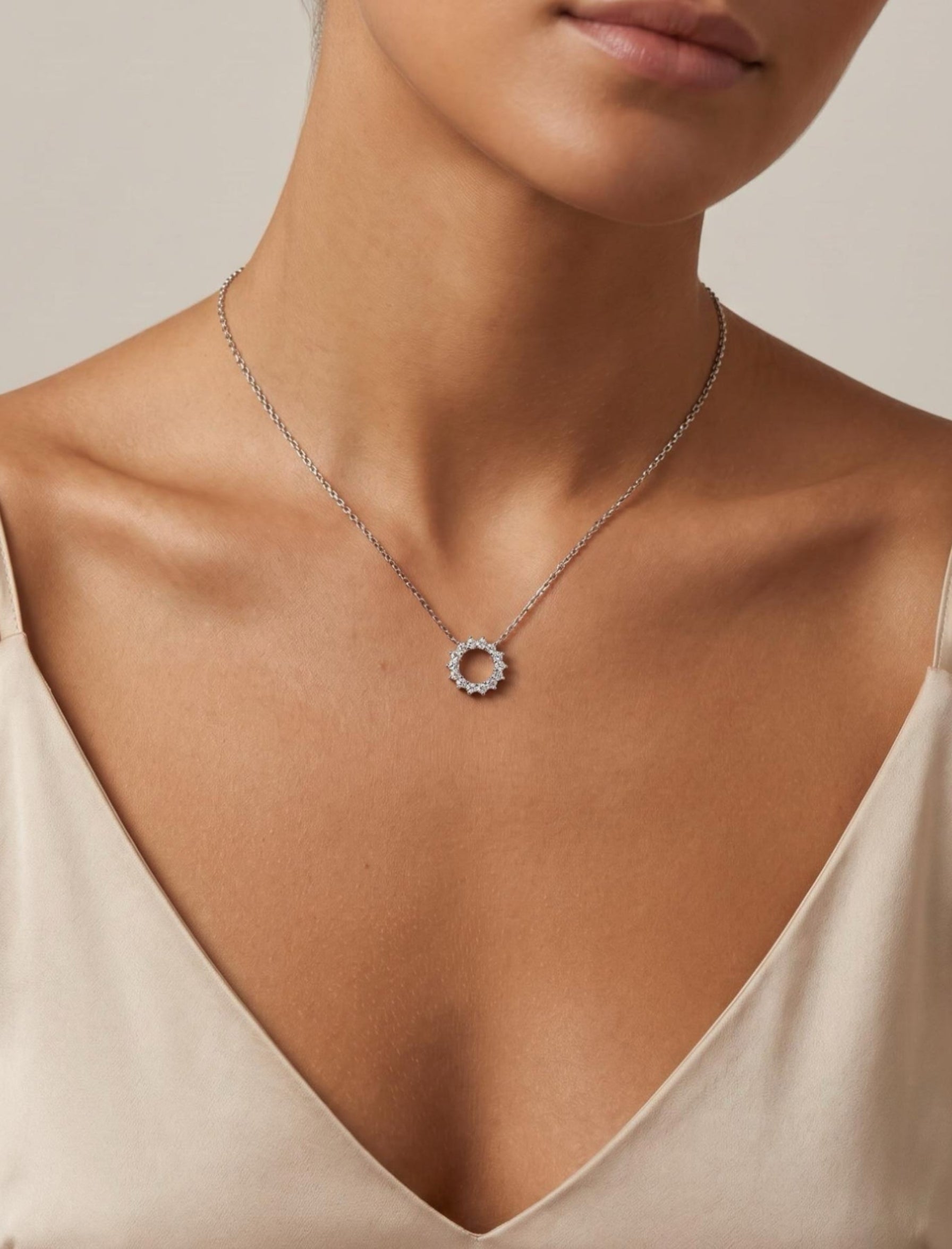 Round Brilliant-Cut Full Pavé Circle Pendant Delicate Chain Necklace
