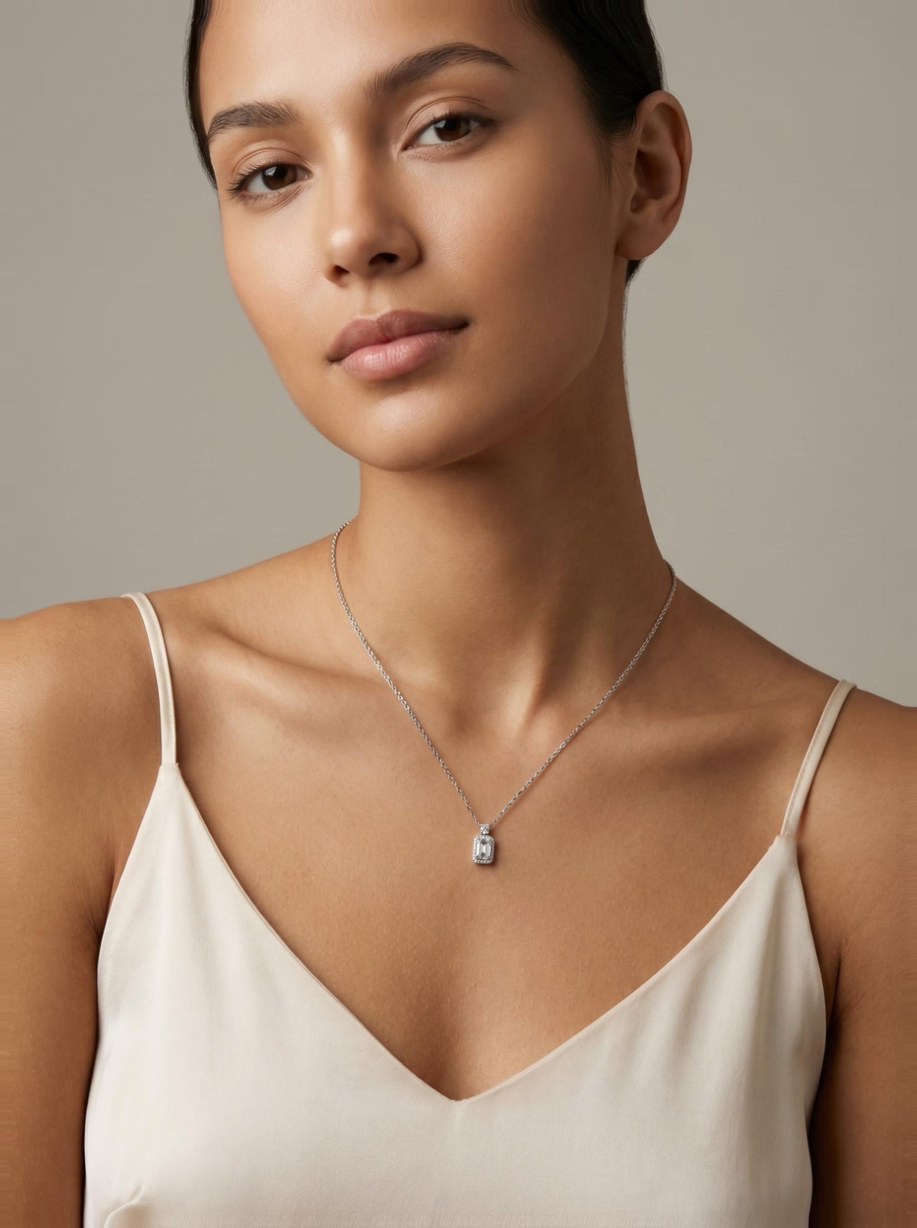 Emerald-Cut Halo Pendant Delicate Chain Necklace