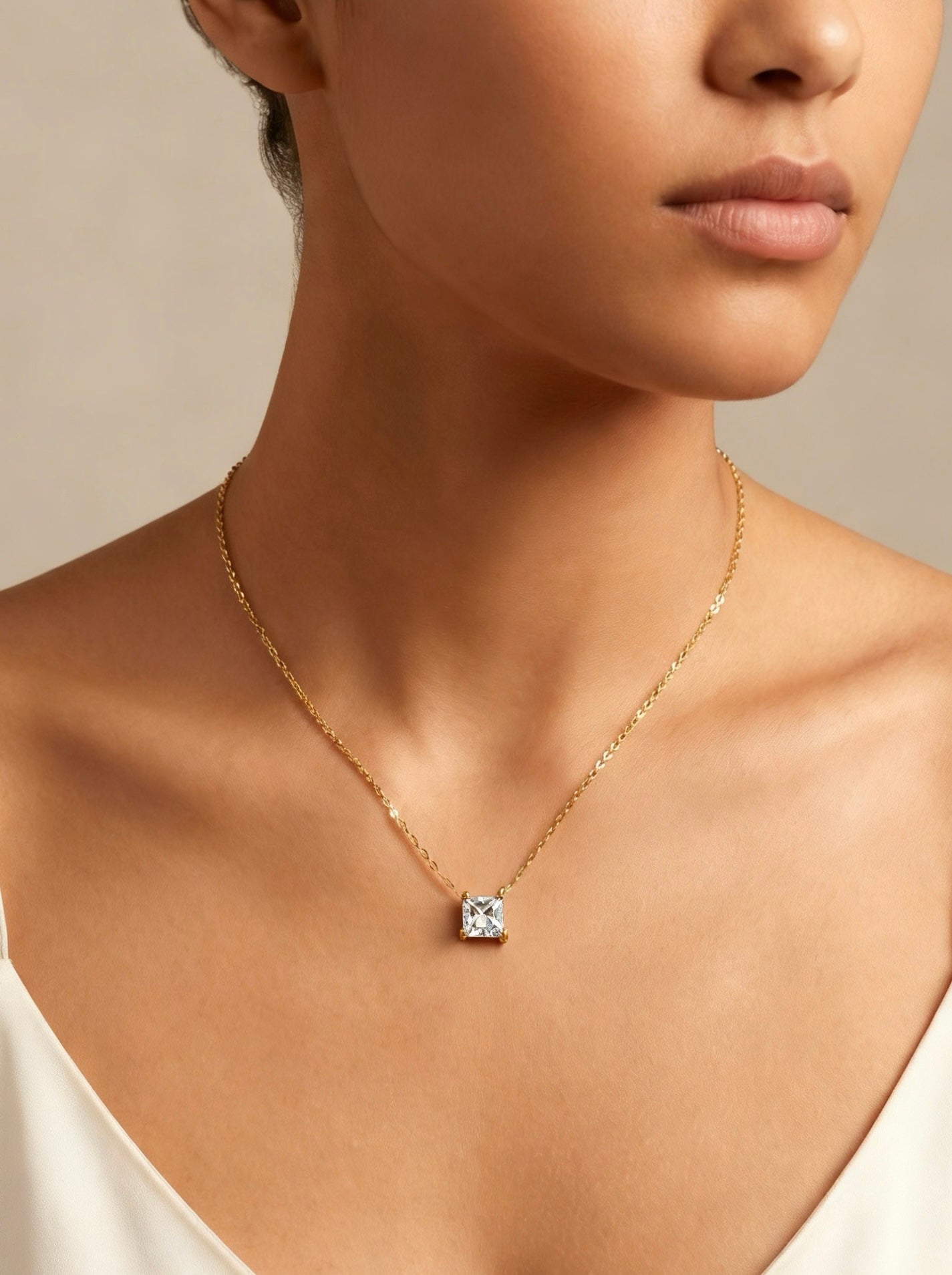 Princess Cut Four-Prong Solitaire Pendant Delicate Chain Necklace
