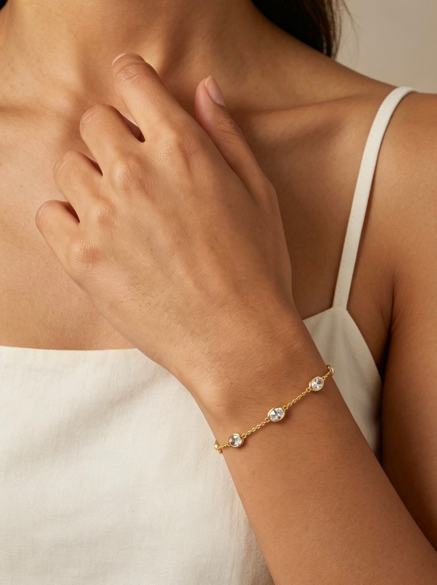 Oval-Cut Bezel Set Spaced Delicate Chain Bracelet
