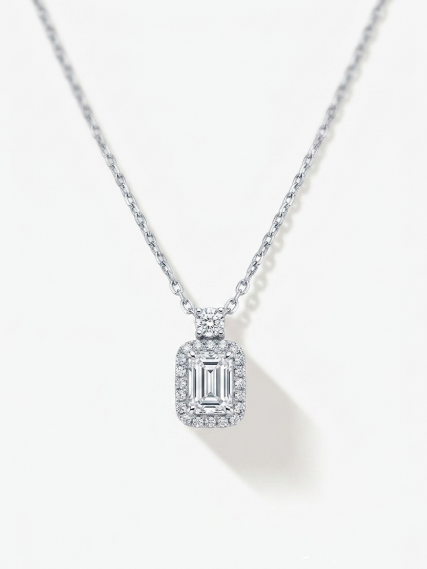 Emerald-Cut Halo Pendant Delicate Chain Necklace